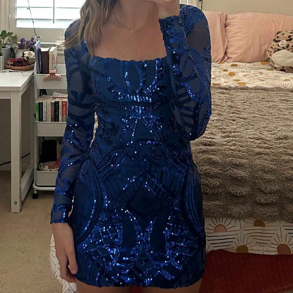 Lucy in the Sky Giulia Sparkling Square Neck Dress in Royal Blue Sequins
